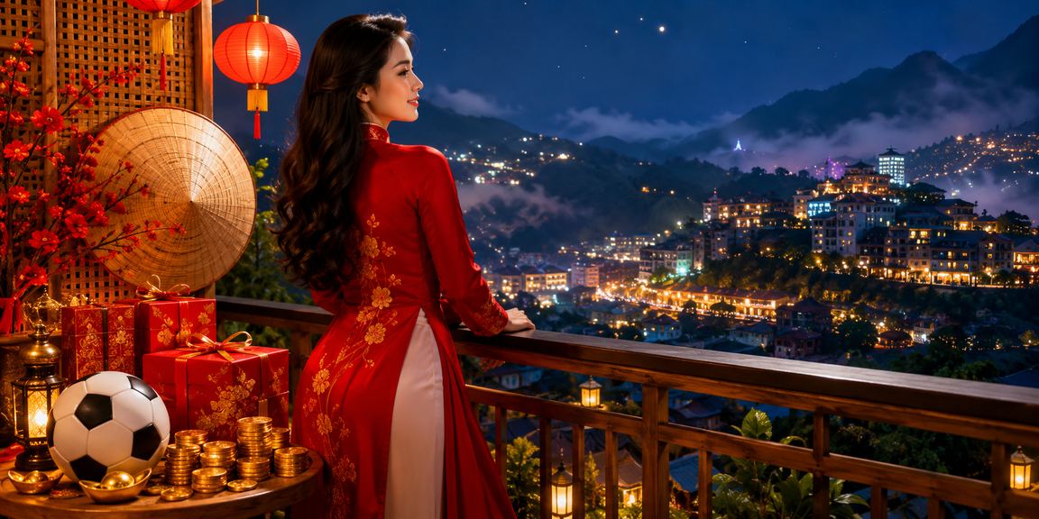 Thành viên nữ xsmtrt7 VIP theo dõi kết quả bóng đá tại Sa Pa trong trang phục áo dài truyền thống
